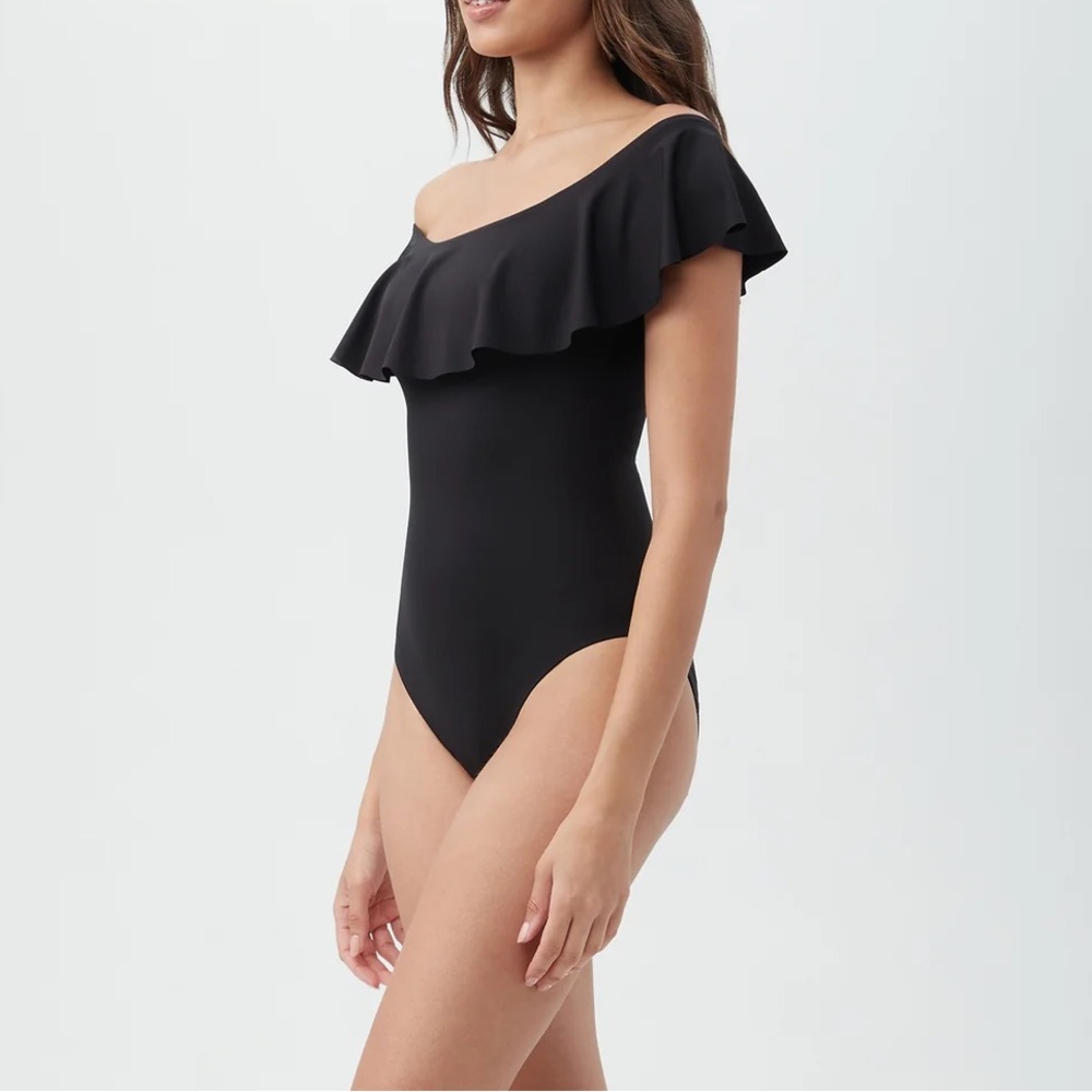 Trina Turk NWT Black Monaco Off-The-Shoulder Ruffle One Piece Swimsuit
